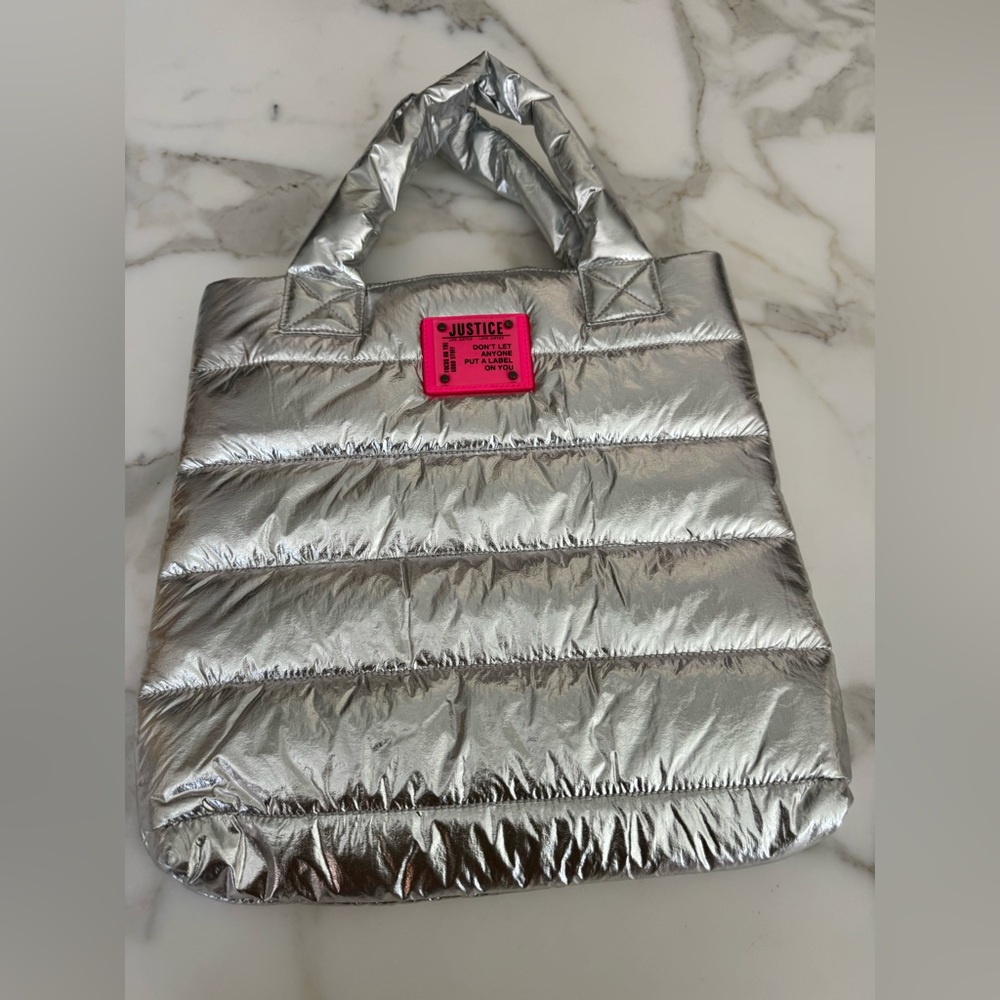 Justice Shiny Silver Tote with Pink Detail